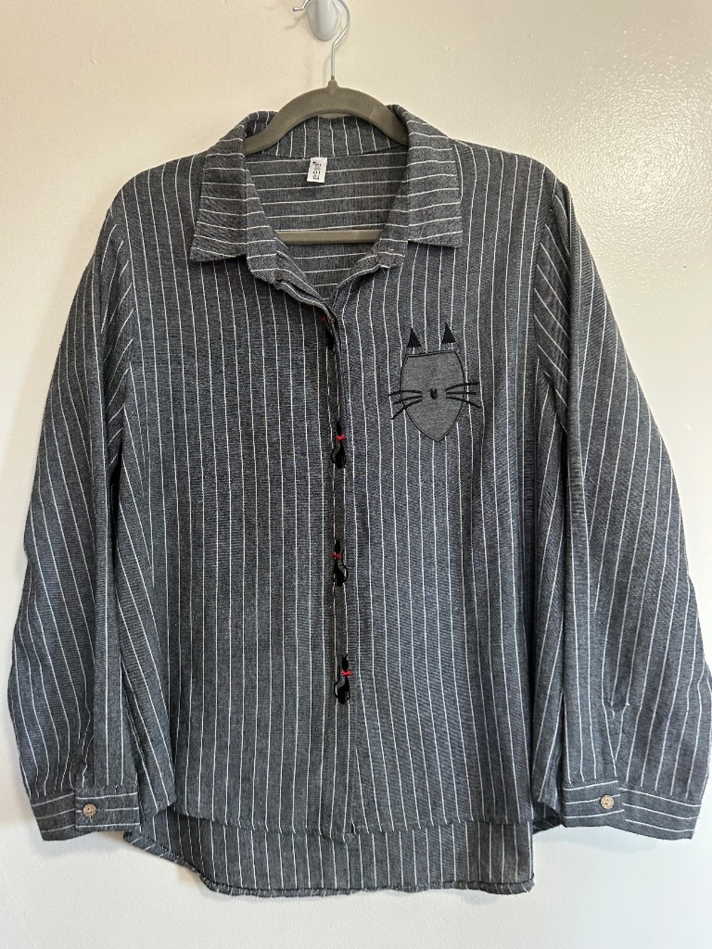 Women's Gray Pin Stripe Button Down Blouse with Embroidered Cat Detail